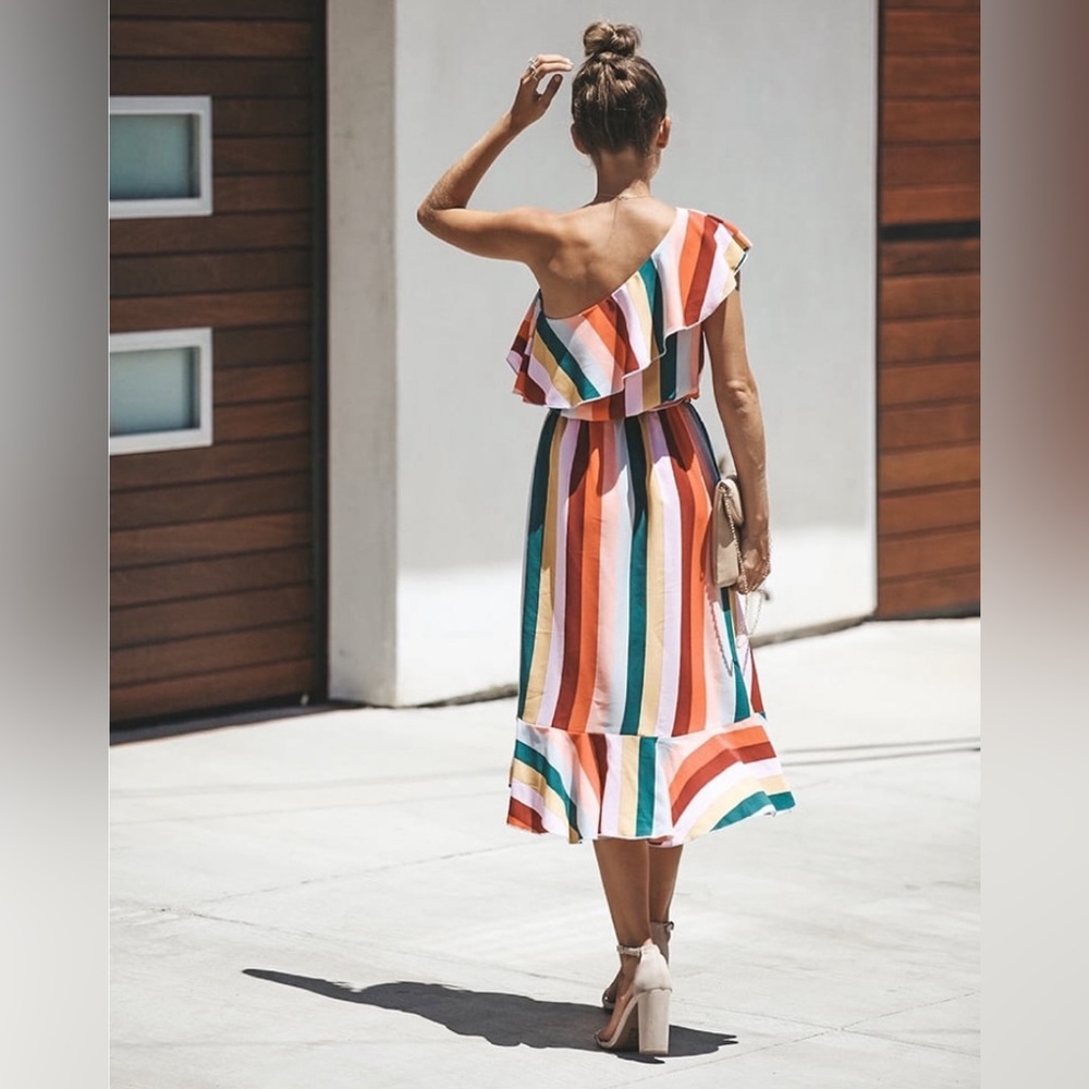 VICI One Shoulder Ruffle Rainbow Midi Dress small - Picture 4 of 16